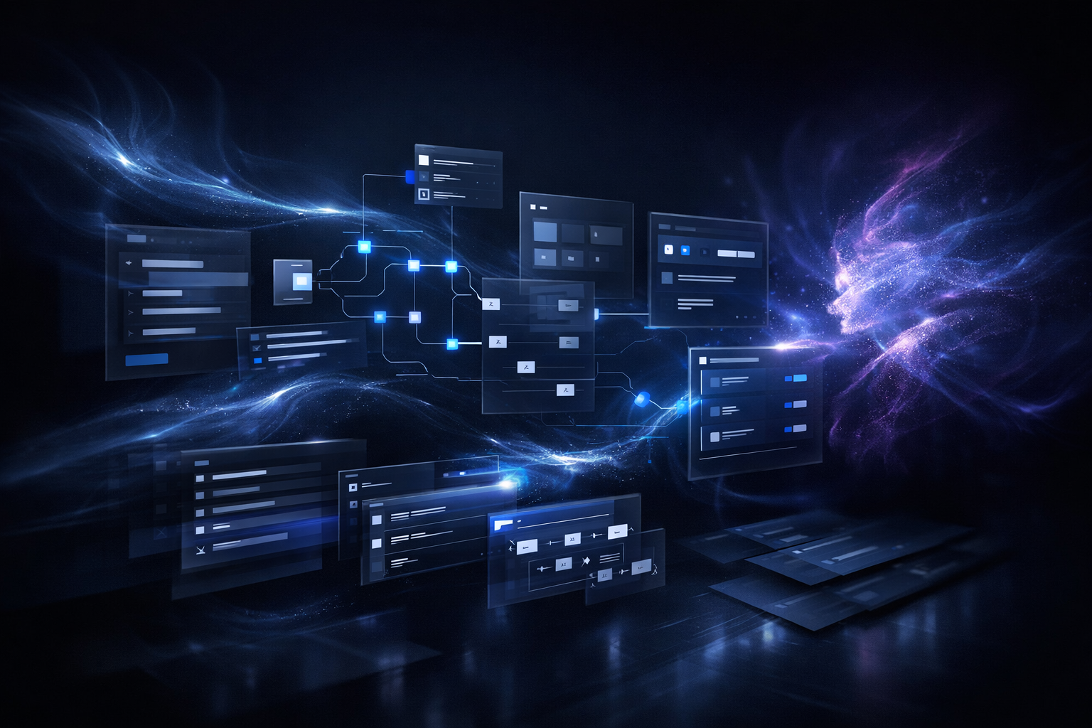 Editorialstyle cinematic image representing AIpowered application and agent developmententerprise technology aesthetic dark and minimal PalantirstyleT-1