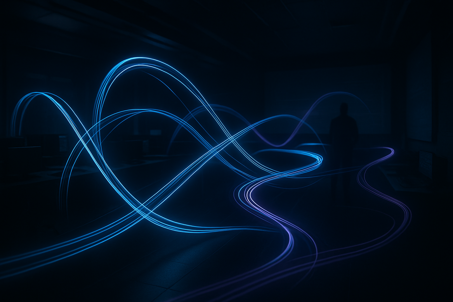 Editorialstyle cinematic image representing agentic AI as active coordinated executionserious enterprise technology aesthetic dark and minimal Palanti-1