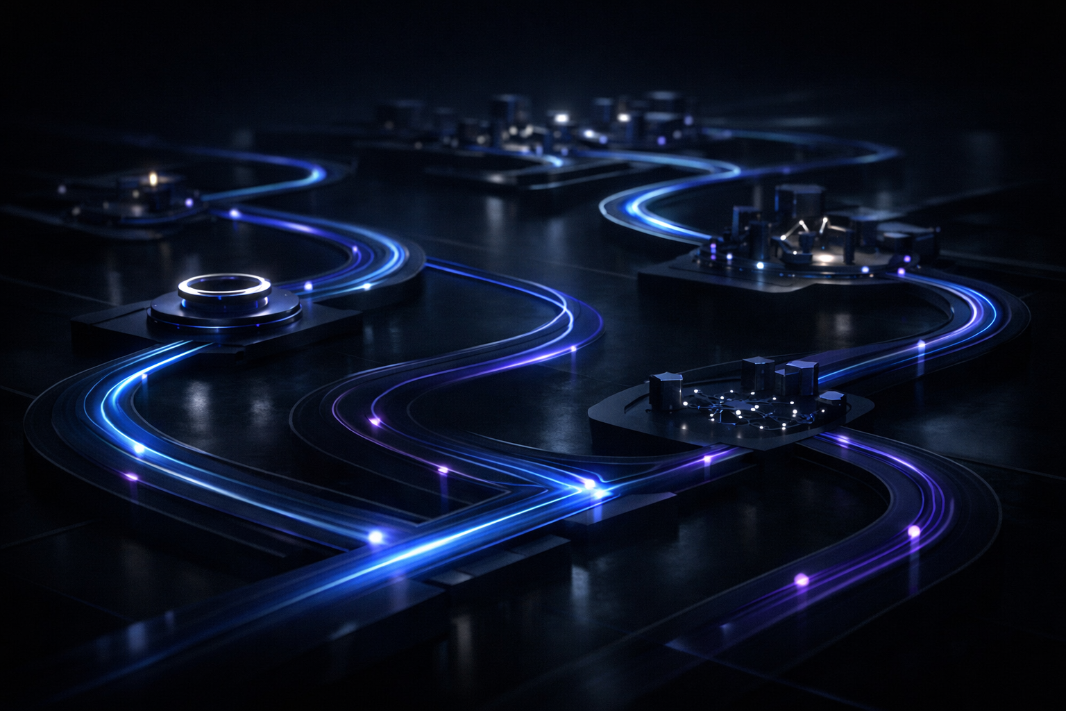 Editorialstyle cinematic image representing enterprise business process automationserious enterprise technology aesthetic dark and minimal Palantirsty