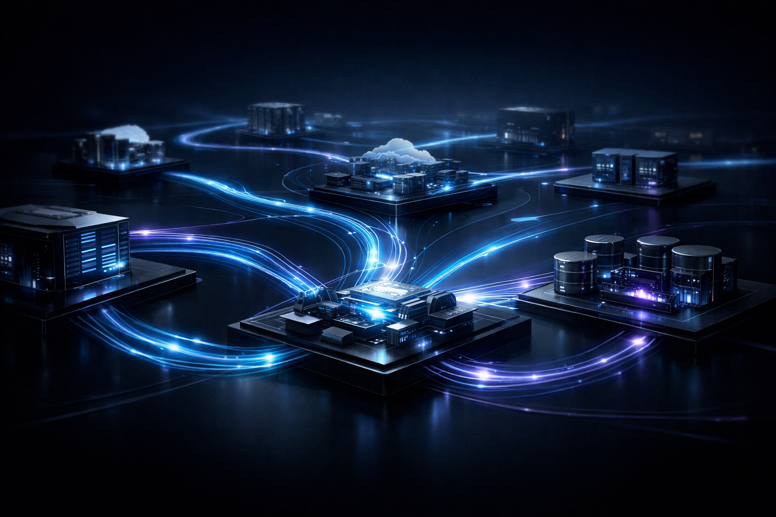 Editorialstyle cinematic image representing enterprise system integration and data interoperabilityserious enterprise technology aesthetic dark and mi-1