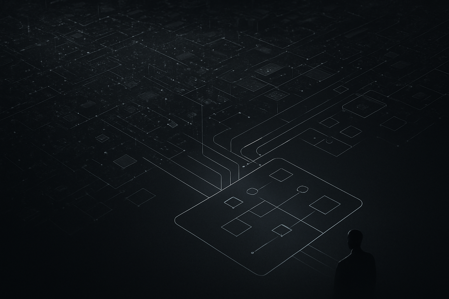 Editorialstyle cinematic image representing the purpose of an intelligent enterprise systemserious enterprise technology aesthetic dark and minimal Pa-3