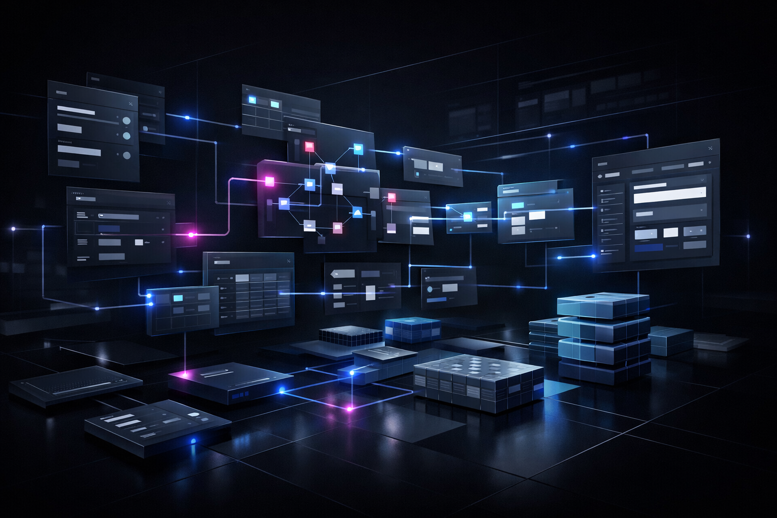 Editorialstyle cinematic image representing visual nocode application developmententerprise technology aesthetic dark and minimal PalantirstyleThe sce-1