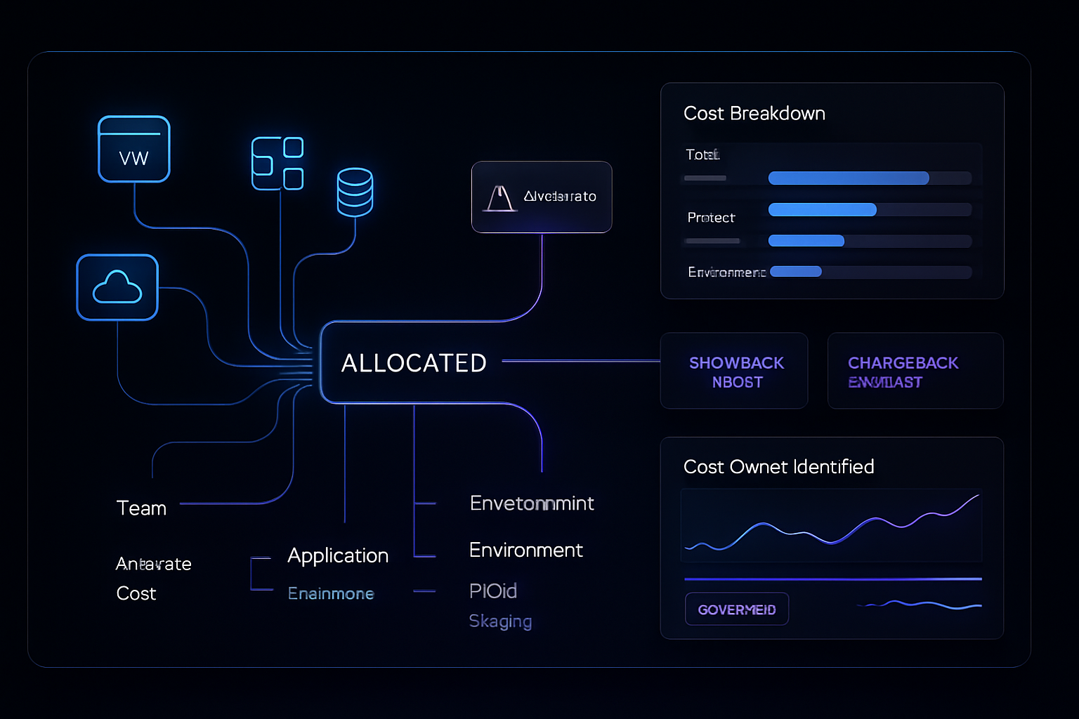 Ultrarealistic enterprise SaaS platform showing cloud cost allocation and FinOps governance in actiondark Palantirstyle UI black and deep navy backgro-1