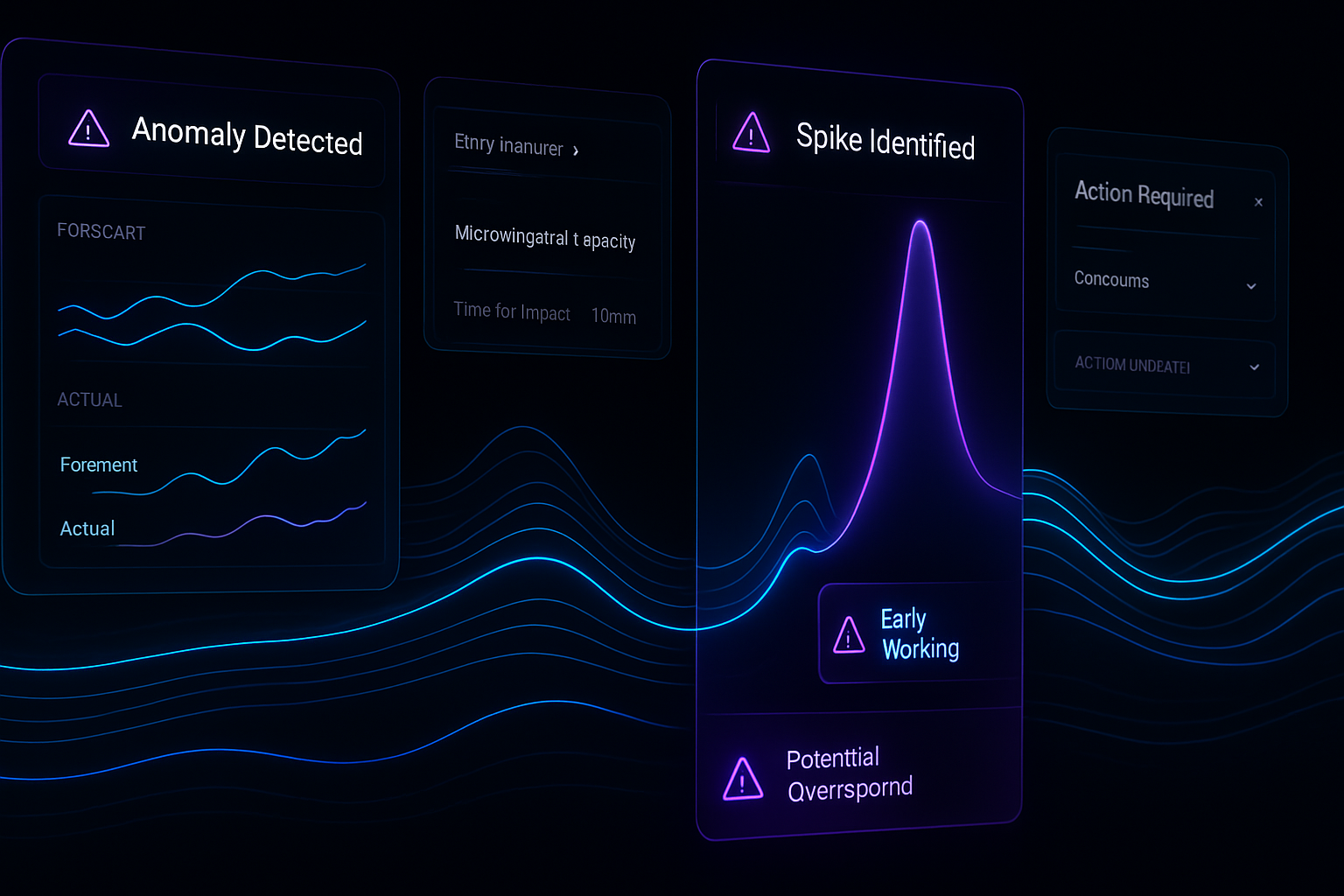 Ultrarealistic enterprise SaaS platform showing proactive detection of cloud cost anomaliesdark Palantirstyle UI black and deep navy background with n-1