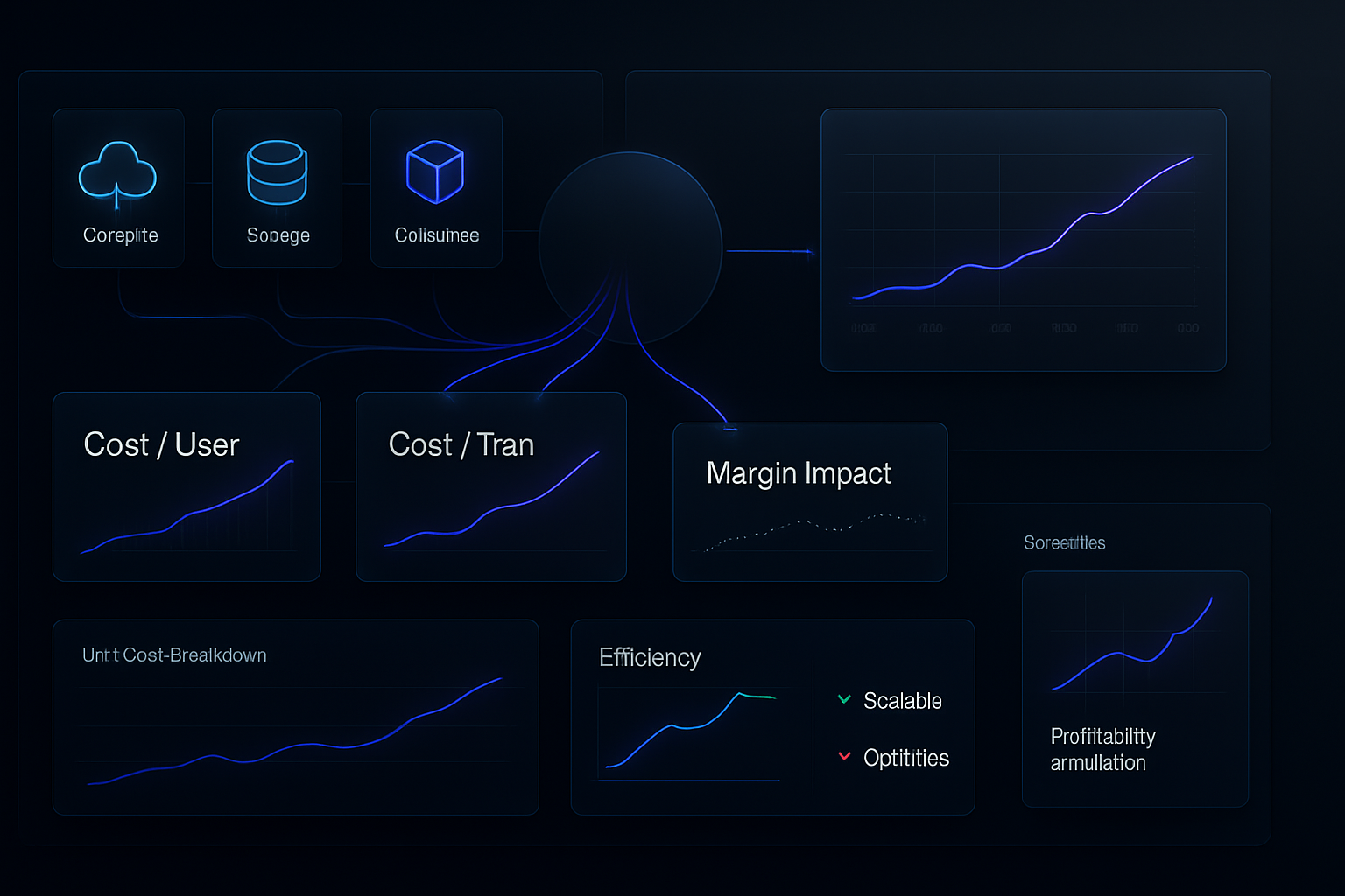 Ultrarealistic enterprise SaaS platform visualizing unit economics connected to cloud consumptiondark Palantirstyle UI black and deep navy background